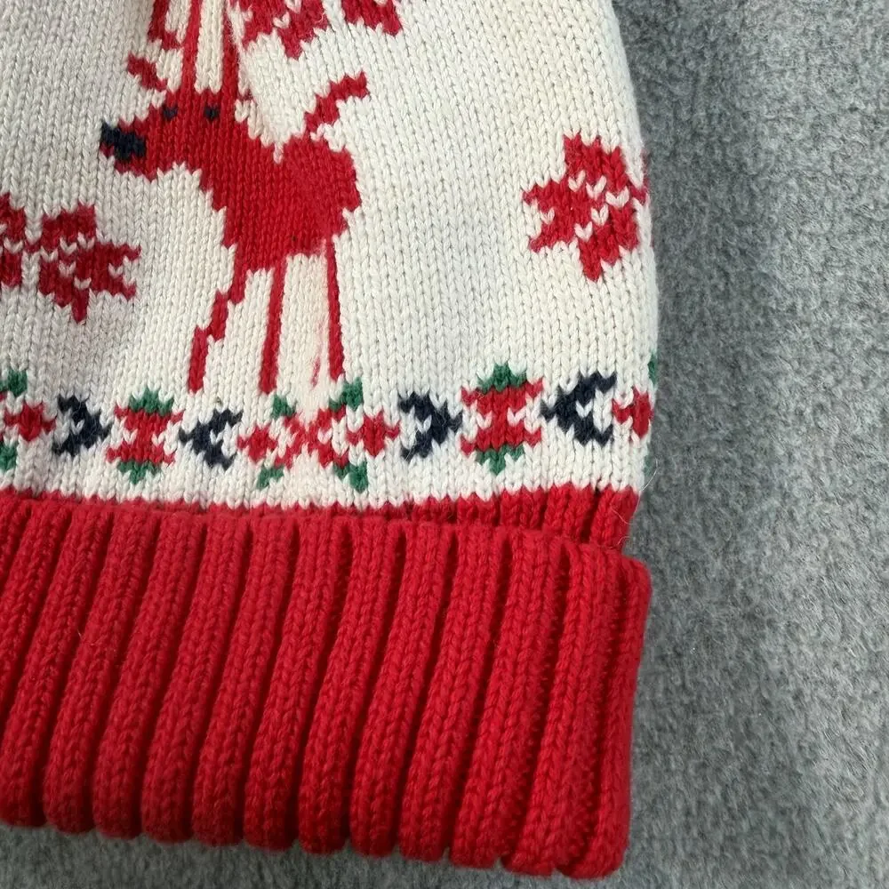 Hanna Andersson Knit Pom Pom Hat Small 1-3 Yrs Reindeer Christmas Fair Isle Red